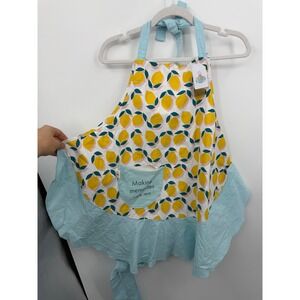 Candace Lemon Print Apron Women One Size Blue Yellow Ruffle Bible Verse NWT